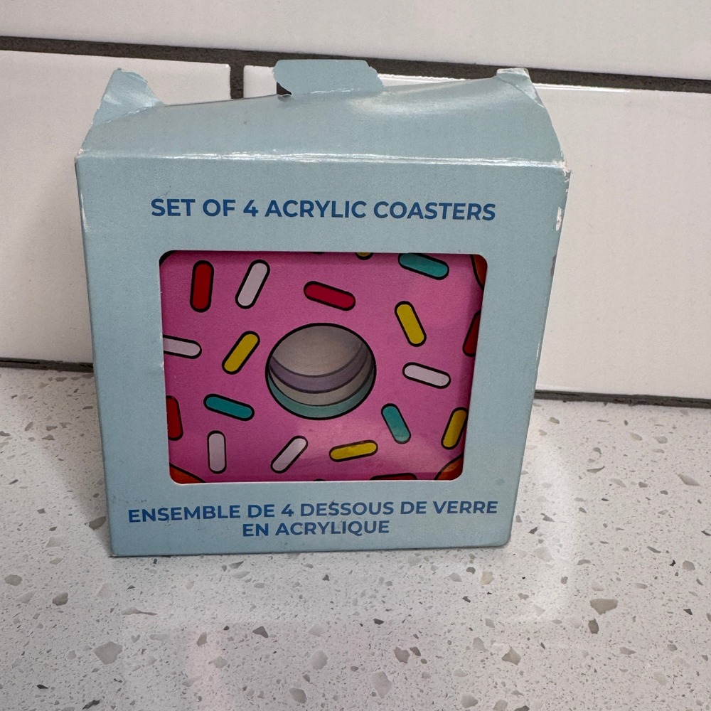 Set of 4 Acrylic Donut Coasters Colorful Sprinkles Novelty Drinkware Decor NIP